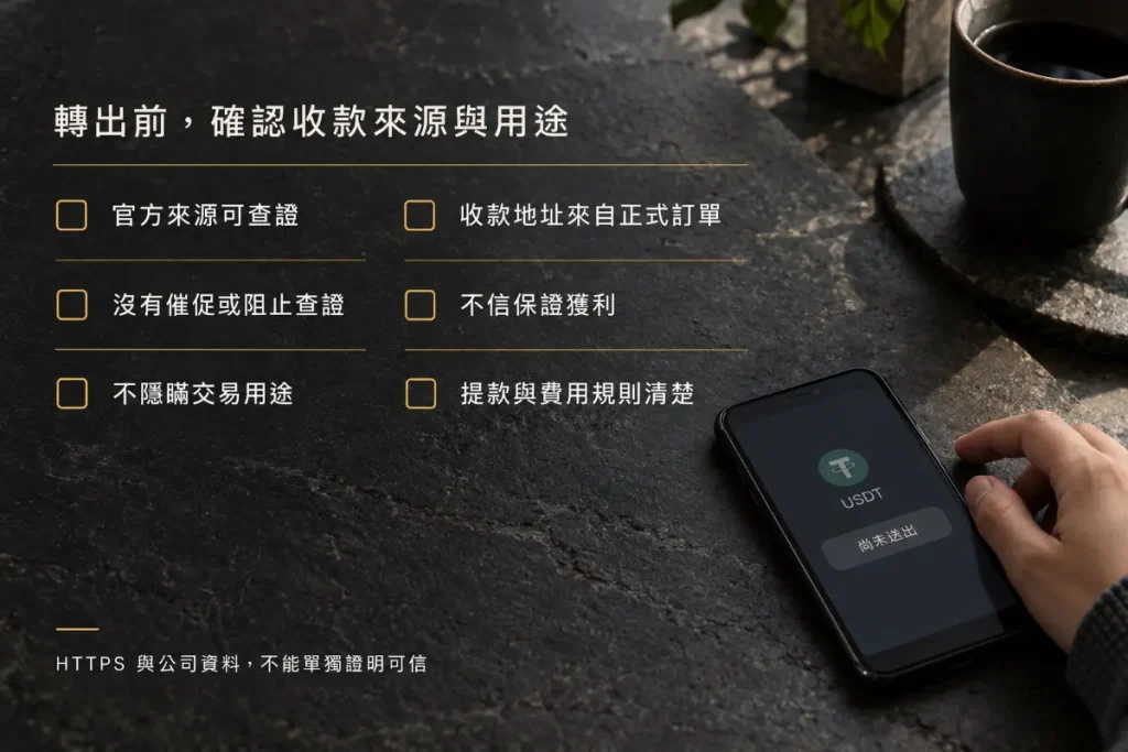 USDT詐騙怎麼判斷?常見話術、假平台與被騙後處理方式 1 轉帳前可以檢查的資訊