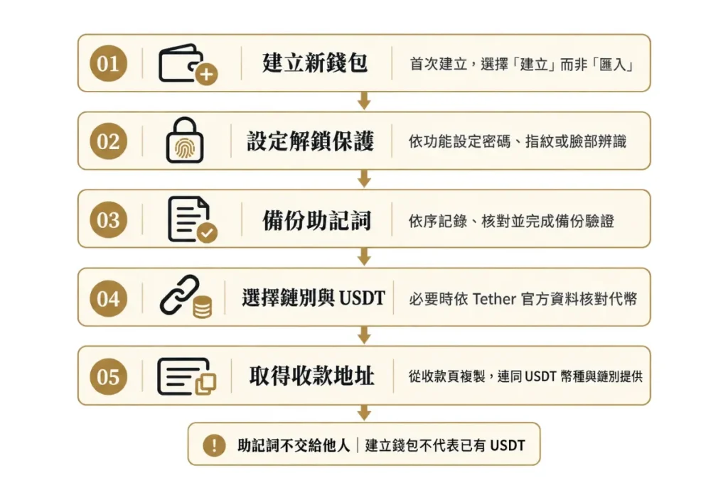 USDT錢包怎麼申請?建立流程、收款地址與備份重點 1 USDT錢包建立流程
